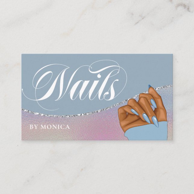 Carte De Visite Nail Tech & Salon Blue Rainbow Metallic élégant (Devant)