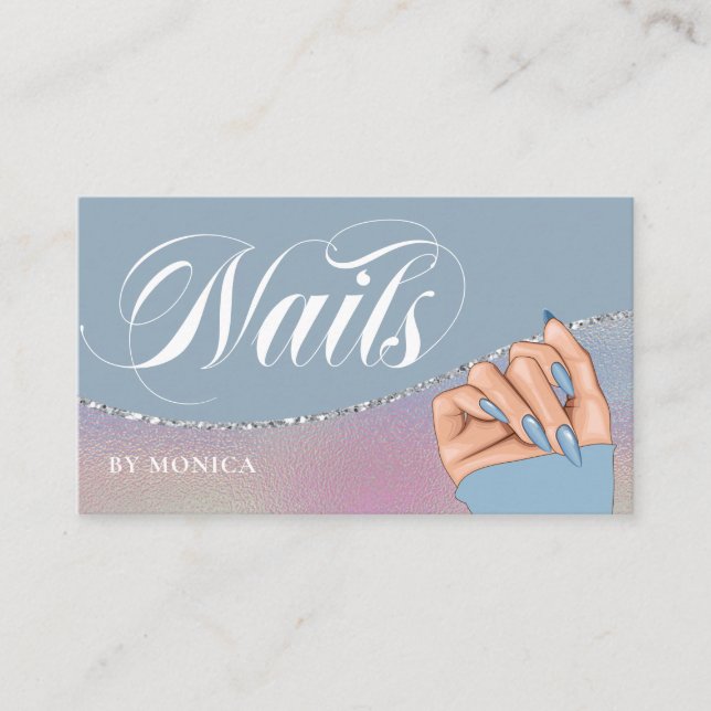 Carte De Visite Nail Tech & Salon Blue Rainbow Metallic Elegant Bu (Devant)