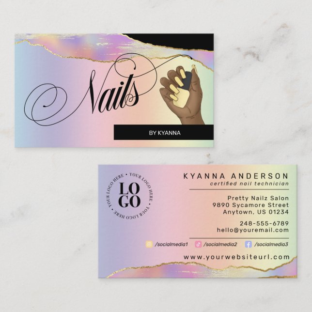 Carte De Visite Nail Tech/Salon - Holographique Pastel Rainbow, Lo (Devant / Derrière)