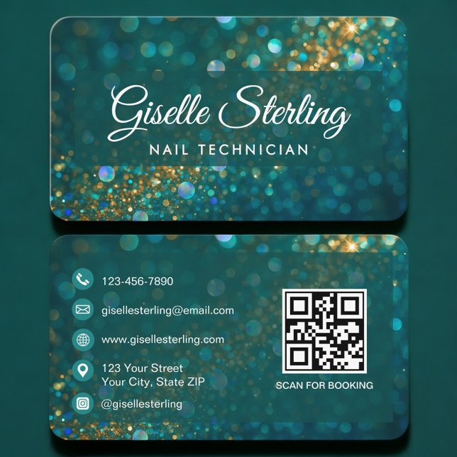 Carte De Visite Nail Technician Green Gold QR Code Professional (Créateur téléchargé)
