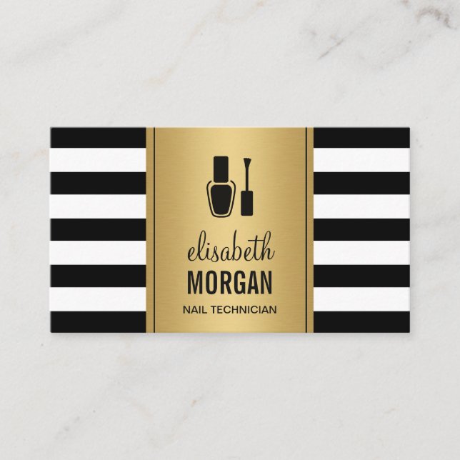 Carte De Visite NAIL TECHNICIEN Élégant Gold Black Blanc rayures (Devant)