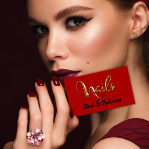 Carte De Visite Nails Studio Artist Red Nails Script Red Gold Logo
