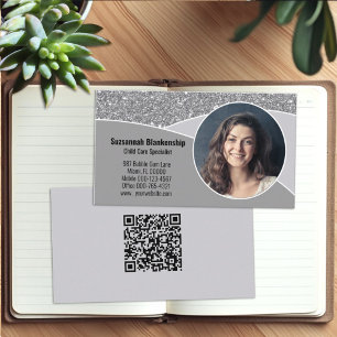Carte De Visite Nanny Custom Photo Faux Silver Parties scintillant