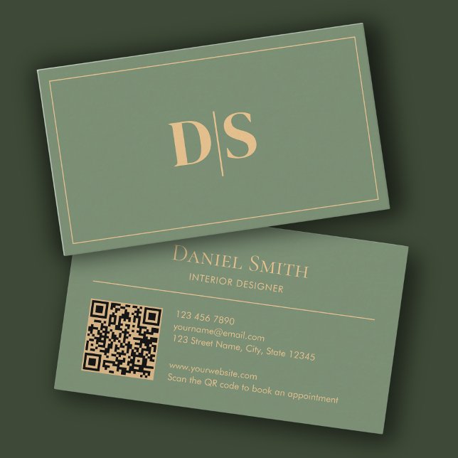 Carte De Visite Natural Minimalist Muted Green Initials QR Code (Modern minimalist muted green professional business card)