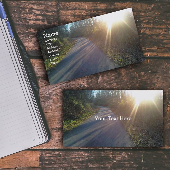 Carte De Visite Nature Woods Path Sun Rays Gris (Photo of sunlit path thru woods with trees on business cards.)