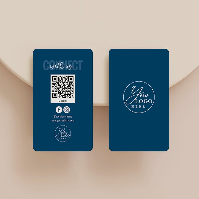 Carte De Visite Navy Blue Connect Us Social Media QR Code (Créateur téléchargé)