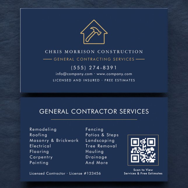 Carte De Visite Navy Blue General Contractor QR Code (Créateur téléchargé)