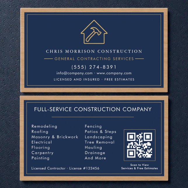 Carte De Visite Navy Blue General Contractor QR Code Wood  (Créateur téléchargé)