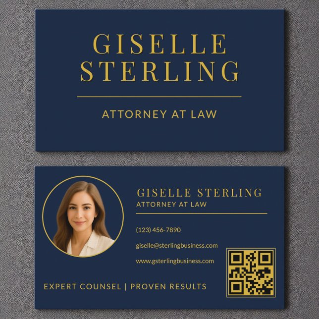 Carte De Visite Navy Blue Gold Attorney, Droit Photo QR Code (Créateur téléchargé)
