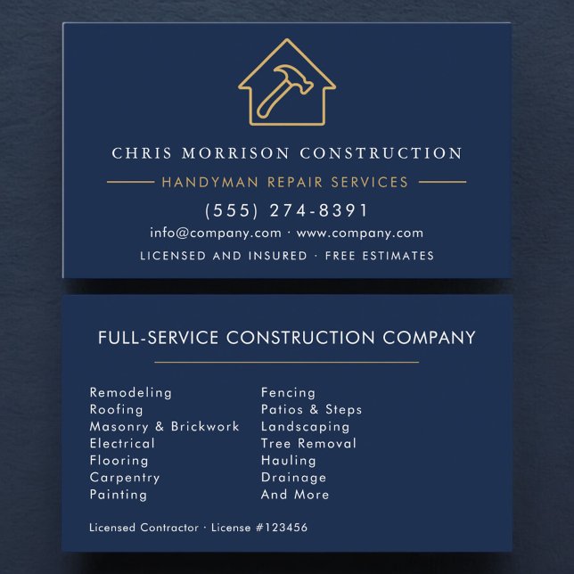 Carte De Visite Navy Blue Gold Handyman Construction  (Créateur téléchargé)
