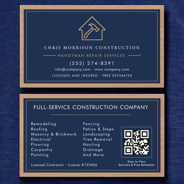Carte De Visite Navy Blue Gold Handyman Wood QR Code Construction (Créateur téléchargé)