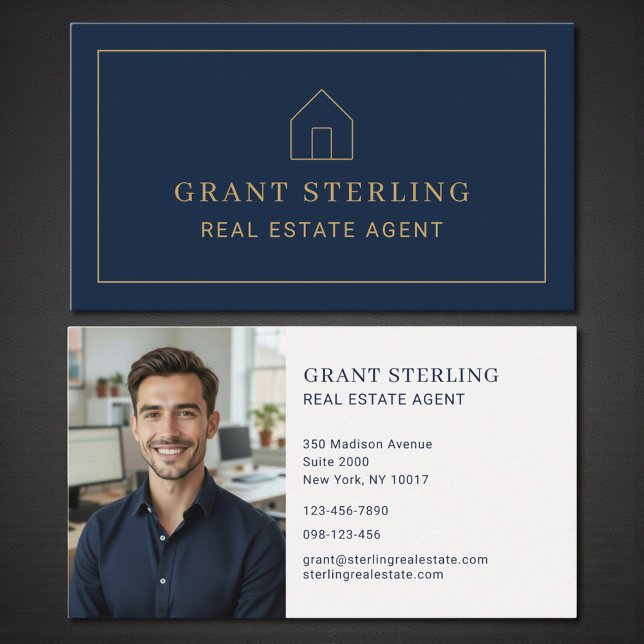 Carte De Visite Navy Blue Gold Real Estate Agent Photo (Créateur téléchargé)
