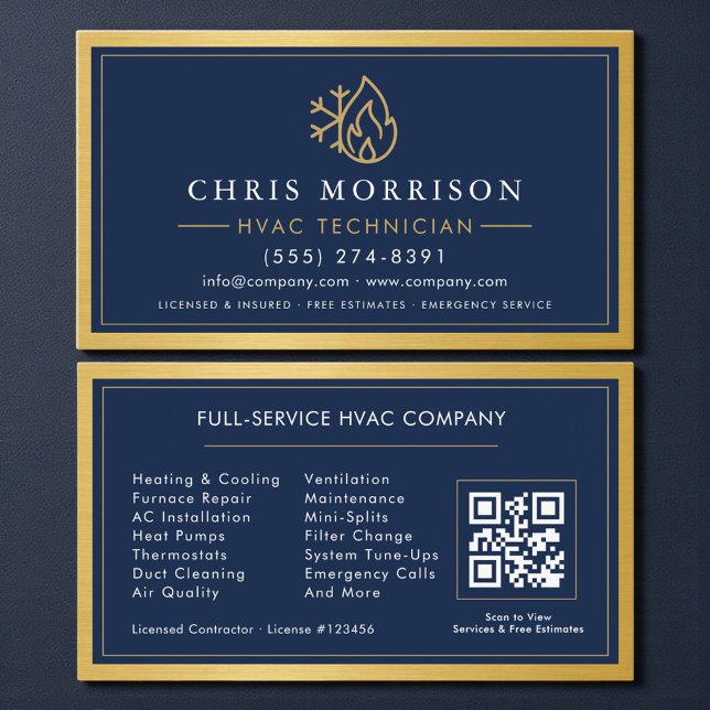 Carte De Visite Navy Blue HVAC Contractor QR Code Gold Metallic (Créateur téléchargé)