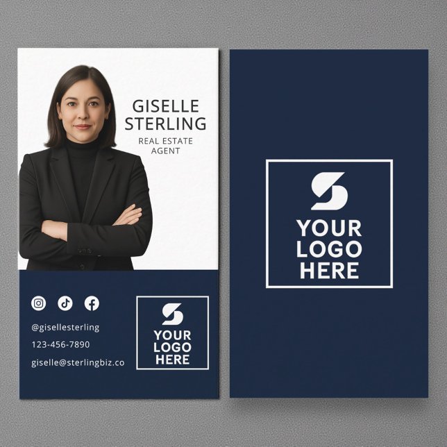 Carte De Visite Navy Blue Photo Logo Real Estate Agent  (Créateur téléchargé)