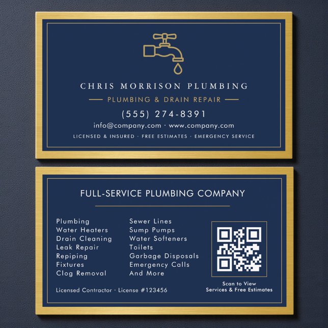 Carte De Visite Navy Blue Plumbing Company QR Code Gold Metallic (Créateur téléchargé)