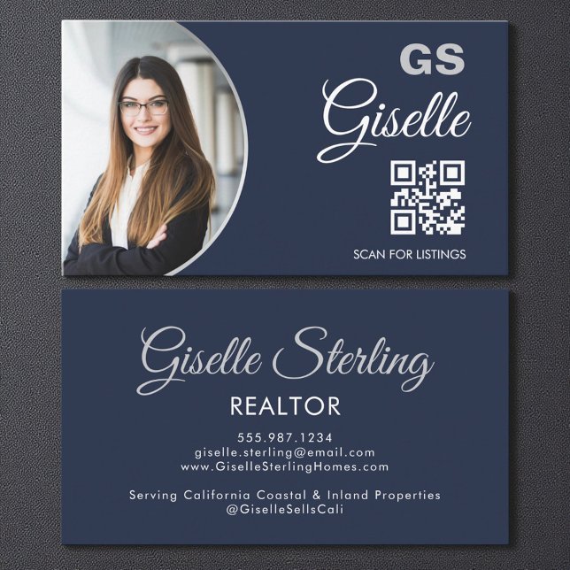 Carte De Visite Navy Blue Silver Photo Monogram Realtor QR Code  (Créateur téléchargé)