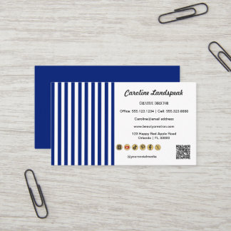 Carte De Visite Navy Blue White Stripes QR Code, Social Media Icon