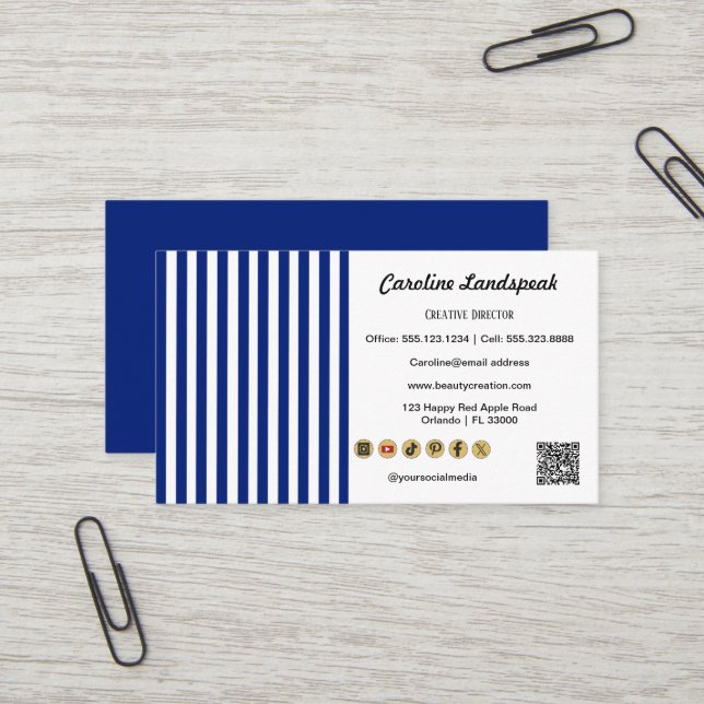 Carte De Visite Navy Blue White Stripes QR Code, Social Media Icon (Devant/Arrière en situation)