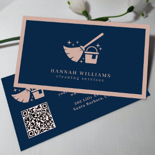 Carte De Visite Navy Et Blush Pink Cleaning Services Code QR