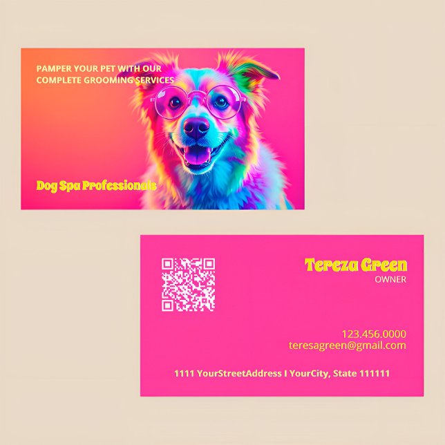 Carte De Visite Neon Grooming Chien QR (Dog Grooming Business Cards)