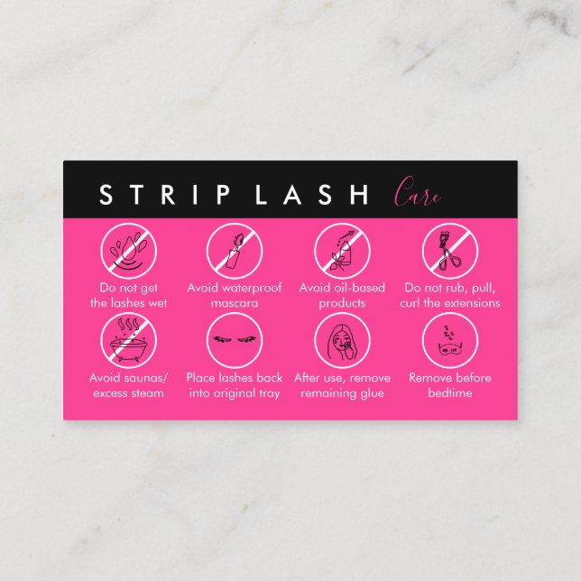 Carte De Visite Neon Pink Strip Lash Aftercare (Dos)
