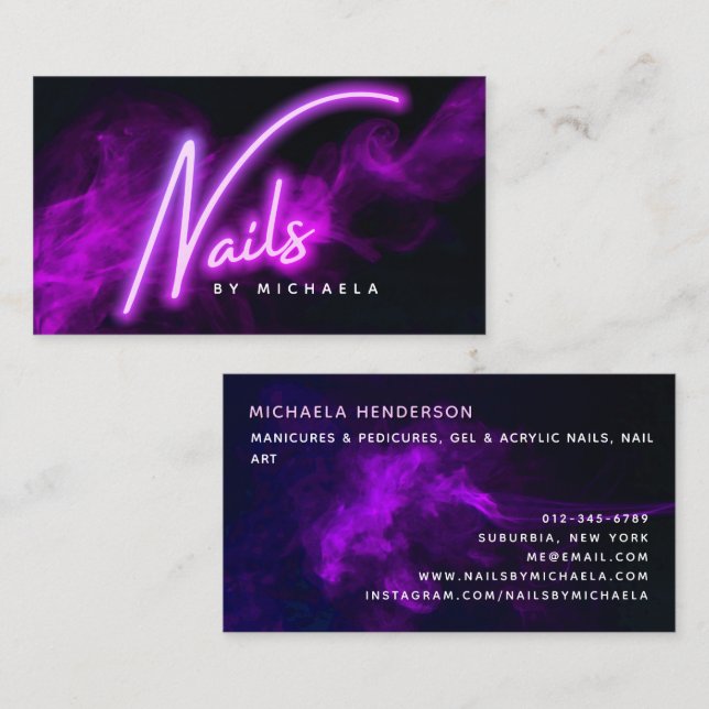 Carte De Visite Neon pourpre et fumée Clou Salon/Technicien (Devant / Derrière)