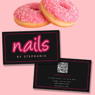 Carte De Visite Neon Rose Black Nail Salon Technicien QR Code