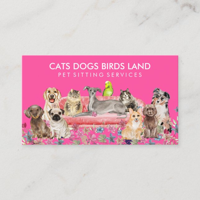 Carte De Visite Neon Rose Chien Chat Bird Hotel Sofa Animaux assis (Devant)