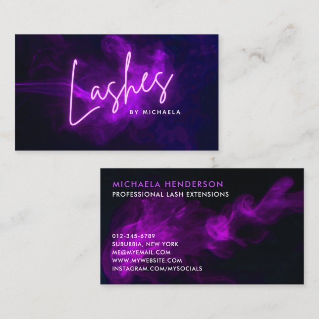Carte De Visite Neon violet moderne & Lash de fumée / Eyelash exte (Devant / Derrière)