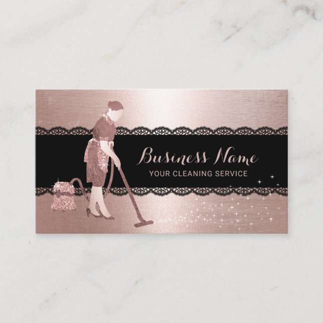 Carte De Visite Nettoyage à domicile Rose moderne Gold Black Laced (Devant)