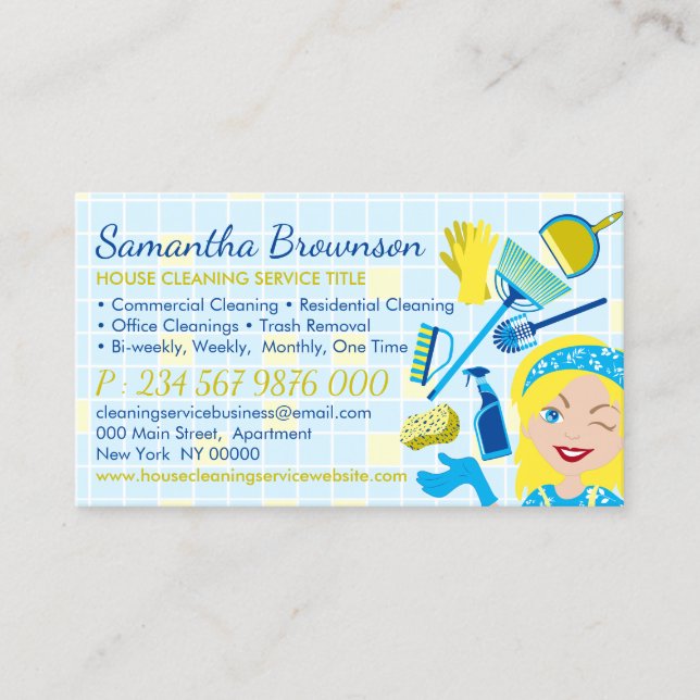Carte De Visite Nettoyage bleu jaune Janitorial Entretien ménager (Devant)