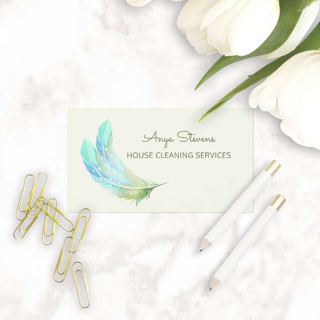 Carte De Visite Nettoyage Feather House (Boho Green Feathers House Cleaning Services Business Cards)