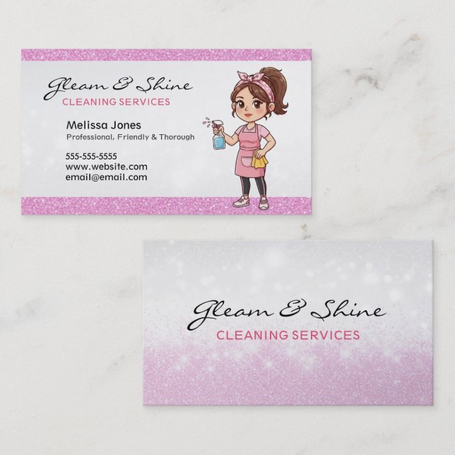 Carte De Visite Nettoyage Lady Cleaner Femme rose Faux Parties sci (Devant / Derrière)
