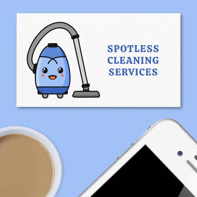 Carte De Visite Nettoyage Nettoyant Cute Cartoon Vacuum Bleu (Cleaning business card on a light blue background next to a phone and cup of coffee.)