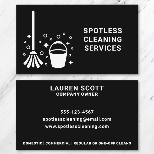 Carte De Visite Nettoyage Nettoyant Mop Et Bucket Gras Noir (Business card front and back on a marble background.)