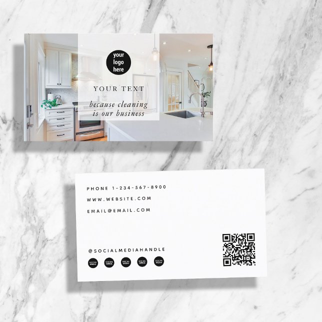 Carte De Visite Nettoyage Photo d'entreprise Médias sociaux Code Q (Cleaning Business Photo Social Media QR Code Logo Business Card)