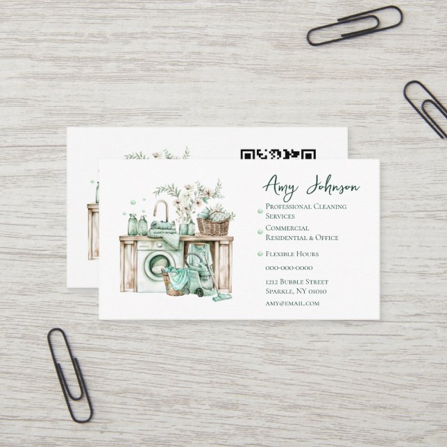 Carte De Visite Nettoyage professionnel aquarelle (Devant/Arrière en situation)