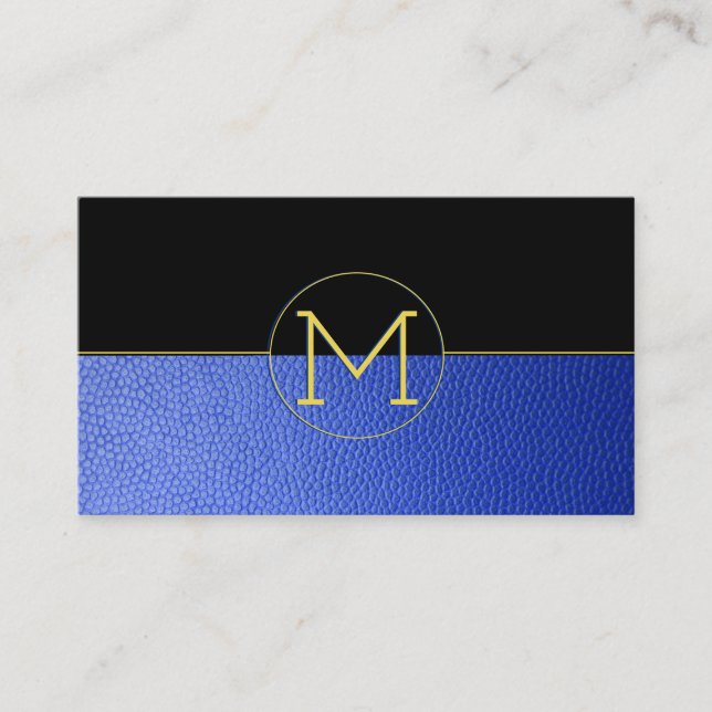 Carte De Visite Nettoyer Élégant Monogramme Bleu Faux Cuir et Noir (Devant)