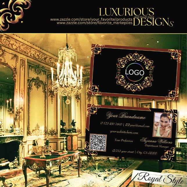 Carte De Visite Noble Black Brown Gold Logo Photo et QR Code (Créateur téléchargé)