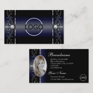 Carte De Visite Noble noir bleu blanc squigglé Bijoux Logo Photo