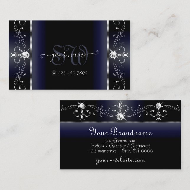 Carte De Visite Noble noir Bleu Blanc Squigglé Bijoux Monogramme (Devant / Derrière)