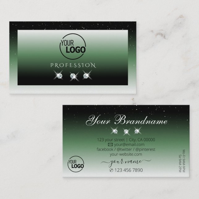 Carte De Visite Noble noir vert Ombre Sparkle Diamonds avec logo (Devant / Derrière)
