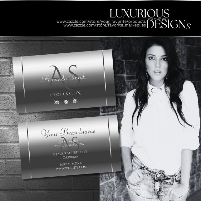 Carte De Visite Noble Shimmery Silver Sparkle Diamonds Initiales (Créateur téléchargé)