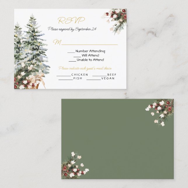 Carte De Visite Noël Mariage d'hiver RSVP Menu Choix (Devant / Derrière)