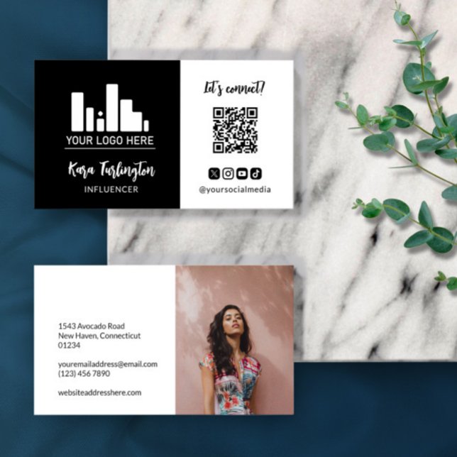 Carte De Visite Noir Ajouter Logo Code QR Photo Médias sociaux (Créateur téléchargé)