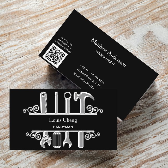 Carte De Visite Noir argenté outils maison réparations entrepreneu (Créateur téléchargé)