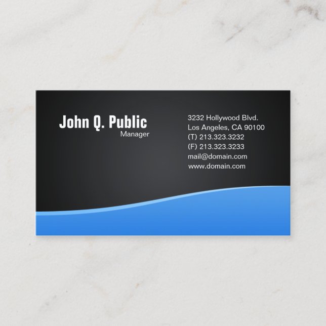 Carte De Visite Noir avec une vague bleue simple (Devant)