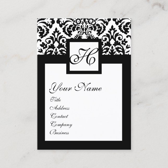 CARTE DE VISITE NOIR BLANC DOMMASQUE CARRÉ FLORAL MONOGRAM (Devant)