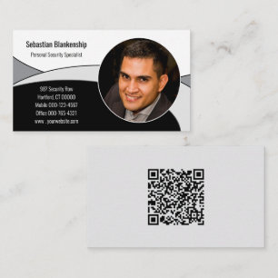Carte De Visite Noir, blanc et gris Abstrait avec code et photo QR
