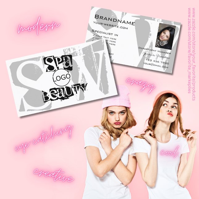 Carte De Visite Noir blanc gris chic avec logo photo et monogramme (Créateur téléchargé)